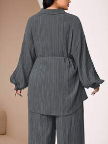 Veilorie 2pcs Plus Size Plain Front Button Long Sleeve Casual Blouse And Pants Set 2 Pieces Set - Grey - View 4