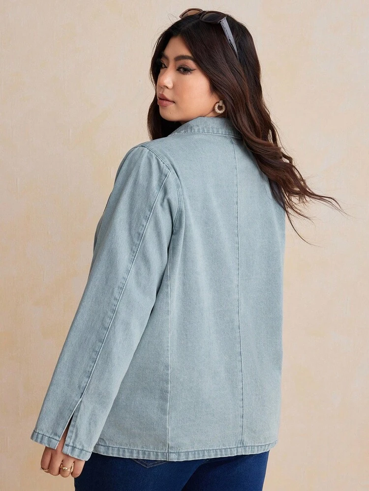 Dazy Plus Plus Size Light Washed Blue Loose Denim Jacket And Coat, Denim Blazer Fall/Winter