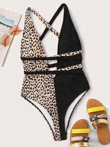 Swim SXY 2pcs/Set Leopard Print Random Extremely Low Cut & High Cut One-Piece Swimsuit