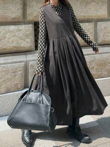 FRIFUL Đầm yếm không tay màu đen trơn dành cho nữ, chất liệu vải nhung kẻ, chân váy xếp ly xòe rộng, đầm dài đa năng thoải mái, đầm maxi mùa thu. - Xám - Xem 6