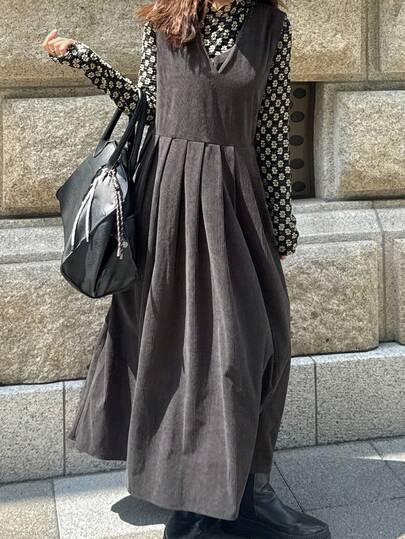 FRIFUL 女性用 黒無地 ジャンパースカート ドレス、コーデュロイ素材、プリーツヘム フレアスカート、カジュアル 多用途 ロングドレス、秋 マキシドレス