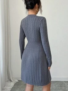 Elenzga Women's Casual Braided Knit A-Line Sweater Dress - Grey - View 2