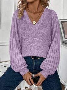 EMERY ROSE Plus Size Women Casual V-Neck T-Shirt, Autumn/Winter - Purple - View 4