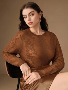Anewsta Sheer Openwork Knit Round Neck Sweater, Elegant, Chic, Stylish, Suitable For Fall, Winter, New Year, Christmas, Going Out - Coffee Brown - View 5