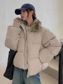 DAZY 宽松短款领拼布仿毛领夹克，女士加厚棉服，秋冬 - 卡其色 - 查看 4