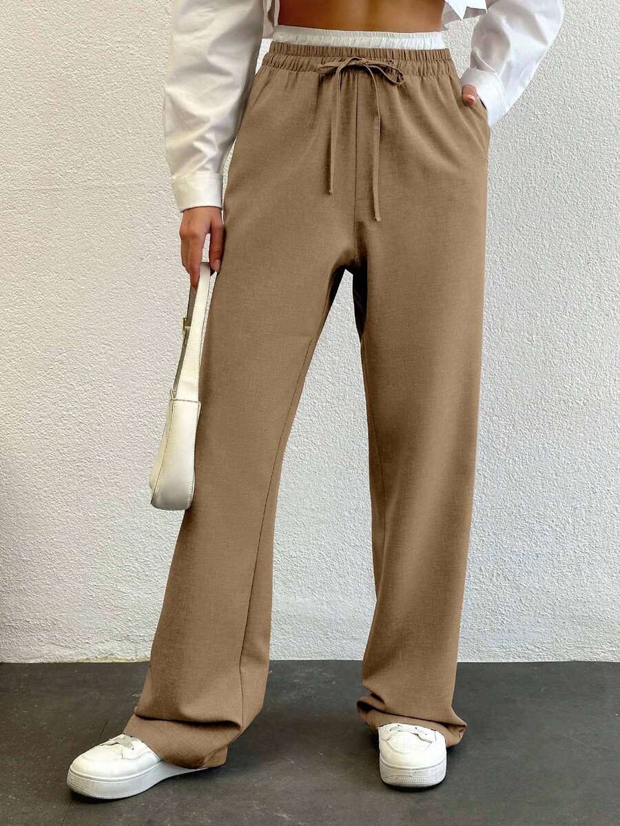 SHEIN Tall Colorblock Wide Leg Pants With Drawstring Wide Leg Sweatpants Flare Sweat Pants Straight Leg Pants Petite Wide Leg Pants, Tall Women - Beige - View 1