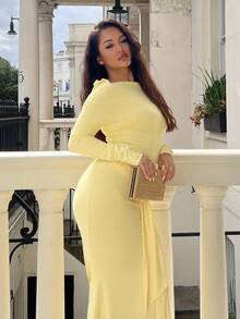 NegzBox 女士优雅露肩金属蝴蝶结装饰长裙 - 黃色 - 查看 4