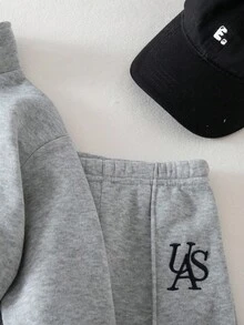 SHEIN 2 件套女婴羊毛衫和裤子套装，刺绣字母图案，适合秋冬季户外和室内穿着 - 淺灰色 - 查看 5