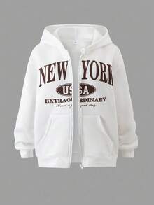 3pcs/Set Teenage Girls Casual Fashion Outfit: Khaki Camisole Top, Flare Pants, Long Sleeve Hooded Letter Print Jacket, Autumn/Winter Fall - Brown - View 3