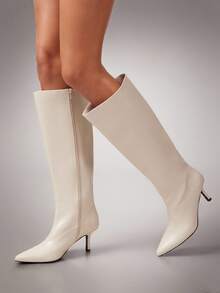 SHUZIA Women's Glamorous Sexy Pointy Toe Kitten Heel Mid-Calf Boots - White - View 2
