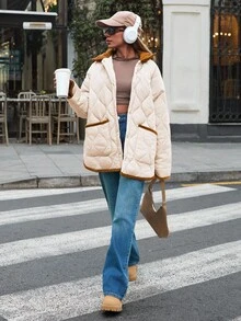 EURMUSE Áo khoác chần bông Golden Accent – Đường khâu kim cương ấm cúng với chi tiết nhung kẻ - Màu be - Xem 3