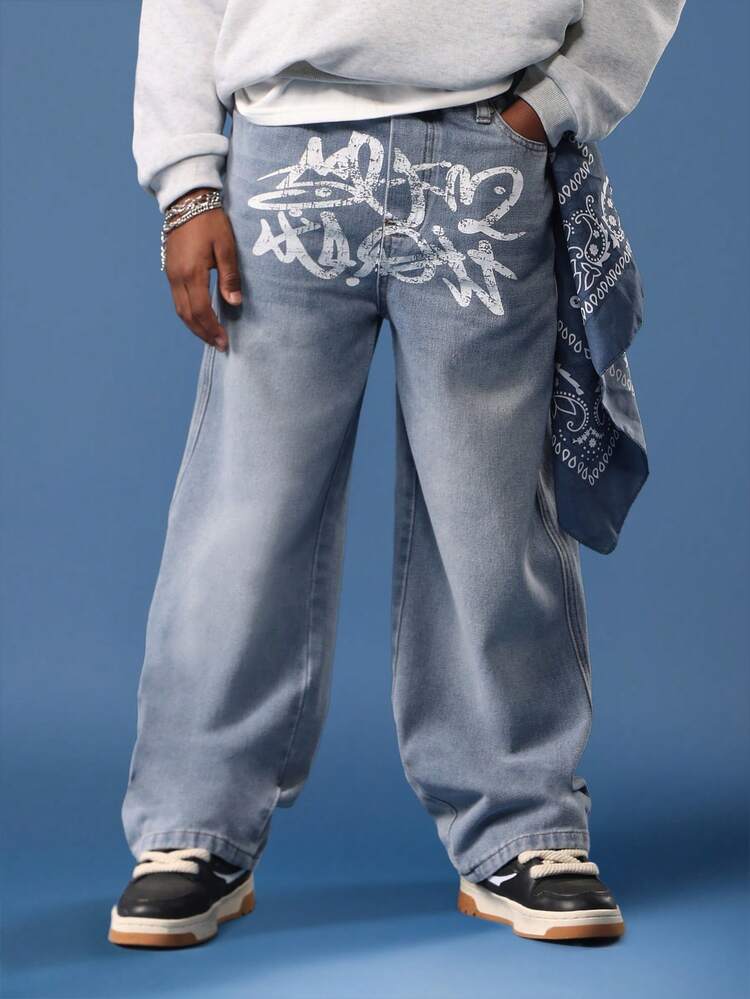 Wide Leg Denim Jeans With Graffiti Print And Bandana