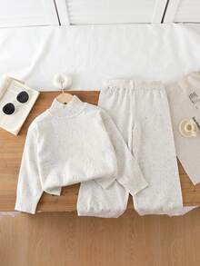 SHEIN 2 件套年轻女孩时尚特种纱线针织毛衣上衣和宽松裤子套装，秋冬 - 白色 - 查看 5