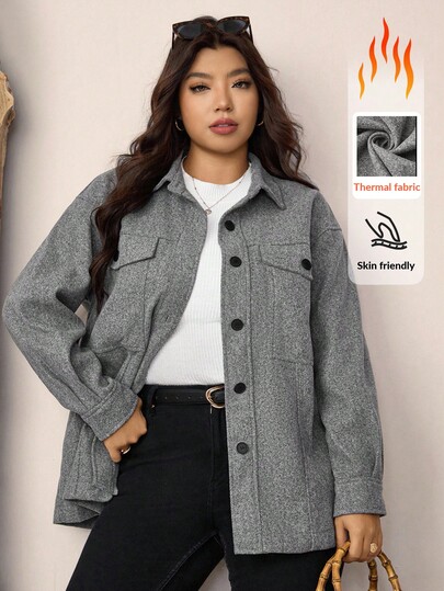 Zelara Plus Drop Shoulder Flap Pocket Overcoat, For Winter Fall Autumn