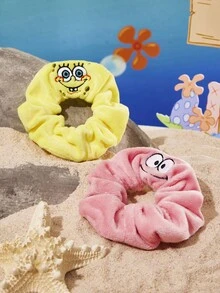 SpongeBob SquarePants | SHEIN 2Pcs Cute Embroidered Short Plush Hair Scrunchies Cartoon Large Intestine Hair Bands Elastic Hair Ties Hair Accessories For Everyday, Casual Suitable For Daily Styling High Ponytails In Yellow And Pink Patrick