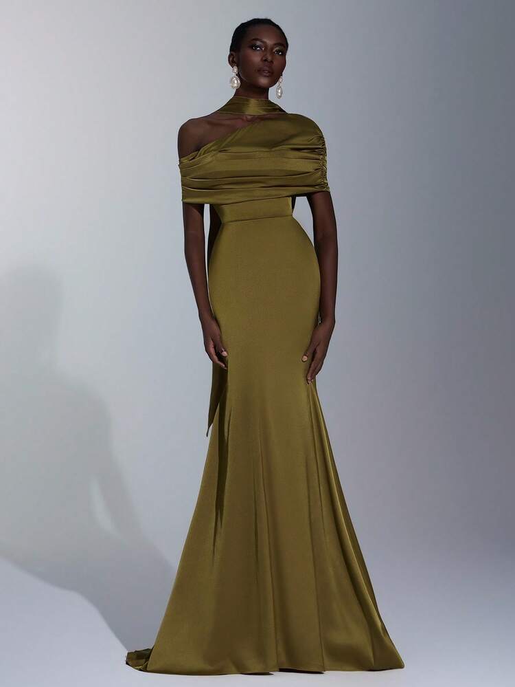 green winter bridesmaid dresses Elitara Elegant Olive Formal Wedding Dress, Fashionable Stretch Satin Fishtail Hem Trailing Gown For Holiday Birthday Party aximport Kate Middleton shocks in Size:XSM quality velvet