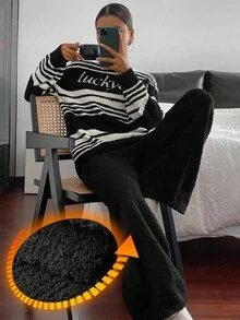 DAZY Bộ đồ ngủ dài tay dệt kim họa tiết sọc họa tiết cho nữ 2 món, đồ mặc nhà thường ngày cho mùa thu/đông, quần áo mùa thu - màu đen - Xem 3