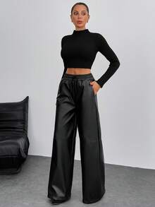EURMUSE Solid Color, Pu Leather, Elastic Waist, Drawstring, Straight Fit Pants - Black - View 3