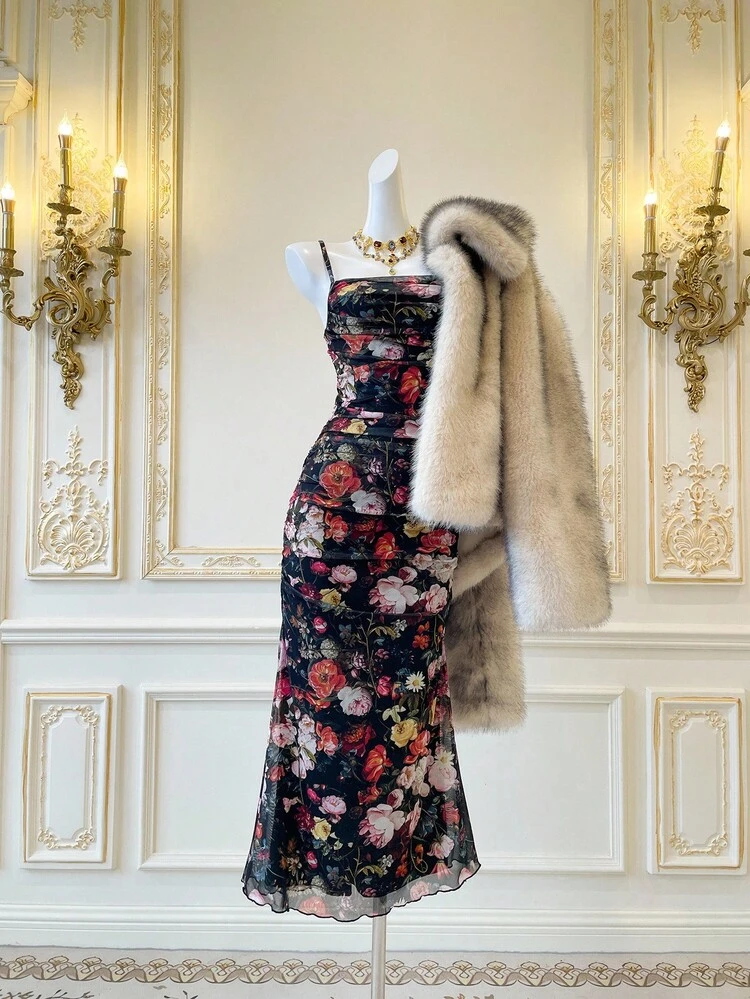 SHEIN MOD 花柄ヴィンテージ ラッフル ストラップ ワンピース - ブラック - 見る 7