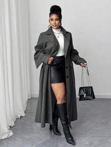 Maweii 加大码女式长款风衣，泡泡袖不对称袖外套，高腰时尚冬季外套 - 深灰色 - 查看 4