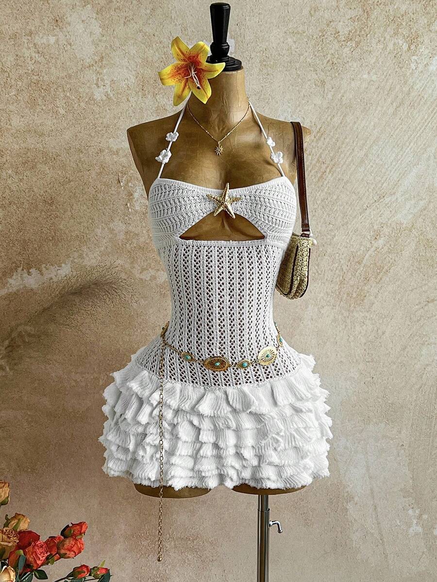 Soleia New Knitted Halter Neck Tie Strap Multi-Layer Ruffle Hem Mini Dress, Suitable For Party, Date, Valentine's Day, Easter, Carnival, Afternoon Tea, Beach, Cruise, City Vacation, Autumn/Winter Layering,Party - Beige - View 1