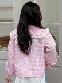 女童格子长袖梭织衬衫（秋季） - 粉色 - 查看 3