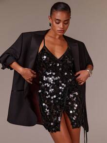 Athîral Women's Black Sequin Wrap Mini Dress,Iridescent Disc Embellished Mesh Fitted V-Neck Spaghetti Straps Summer 70s Party Night-Out Cocktail Club Festival - Black - View 4