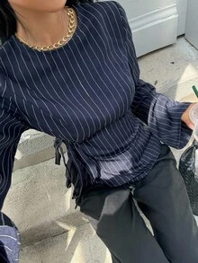 Siren Gaze Damen elegantes Pendler-Slim-Fit-Hemd mit seitlicher Bindung, Langarm-Lässig-Shirt, Rundhals-Langarm-Gestreiftes Oberteil, Pendler-Bürokleidung, elegante Damenblusen, Herbstkleidung für Damen, marineblau gestreiftes Hemd, neue Slim-Fit-Langarm-Bluse für den Ausgang, für den täglichen Gebrauch