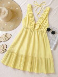 INAWLY Women's Ruffle Strap Minimalist Casual Mini Dress, Light Yellow, Suitable For Summer Vacation - Multicolor - View 2