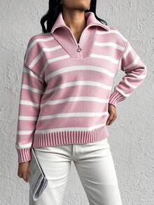 SHEIN Cottnline Women's Zippered Sweater Pullover - Dusty Pink - View 4
