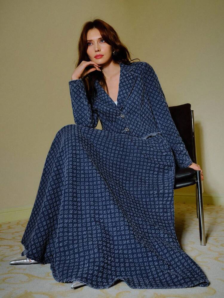 JACQUARD RAW HEM DENIM JACKET AND DENIM SKIRT SET, AUTUMN/WINTER