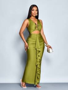 SOLERSUN Vestido ajustado de mujer con cuello en V de unicolor, decorado con metal, cintura fruncida con volantes y abertura - Verde - Ver 6