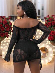 Slaydiva 春夏新品，适合情人节、狂欢节、中国新年、复活节、纳什维尔派对、约会、日常穿着、休闲、度假、邮轮旅行、海滩、日光浴，性感露肩镂空腰高开衩蕾丝连衣裙，适合女士 - 黑色 - 查看 3