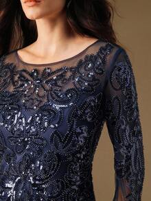Anewsta 女士优雅亮片串珠网眼长袖派对礼服，适合秋季、秋季、冬季、外出、正式、派对、时尚、新年、圣诞节、工作、毕业、婚礼 - 藏蓝色 - 查看 1