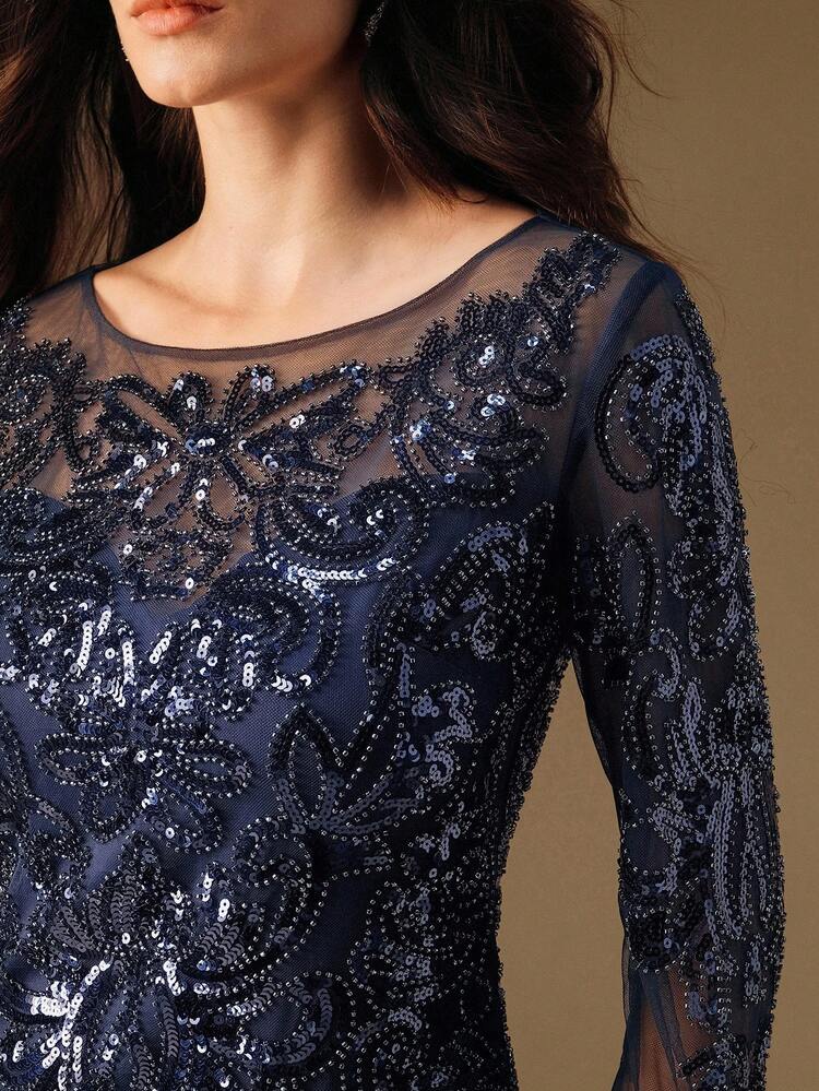 Women's Elegant Sequin Beaded Mesh Long Sleeve Party Dress, Suitable For Autumn, Fall, Winter, Going Out, Formal, Party, Chic, New Year, Christmas, Work, Graduation, Wedding