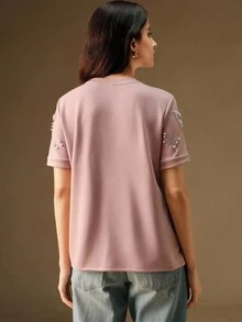 Anewsta 女士春夏重工泡泡珠和热钻蓝色短袖T恤 - 藕粉色 - 查看 2