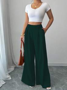 Elenzga 休闲高腰纯杏色裤裙，优雅款式适合日常穿着和工作，复古风适合毕业季、音乐节、德比、独立日 - 墨綠色 - 查看 3