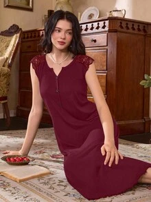 Côtesoire 女式法式 V 领蕾丝花边仿领装饰纽扣休闲睡袍 - 酒紅色 - 查看 5