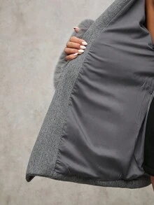 SHEIN BAE 女士时尚休闲腰带，人造毛皮拼接，秋冬季，毛皮袖口大衣，灰色外套，优雅休闲外套，秋季 - 灰色 - 查看 6