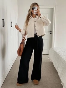 Easowa Veste décontractée ample et élégante pour femmes, avec col, boutons devant, poches, longueur courte, en tissu jacquard tweed pour l'automne/hiver - Nude - Voir 3