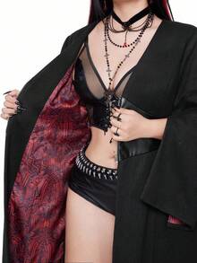 Whyspr Casual Punk V-Neck Long Sleeve Cuff Slit Faux Leather & Wool Blend Zip-Up Punk Style Printed Lining Long Maxi Coat, Plus Size, Black, Autumn/Winter