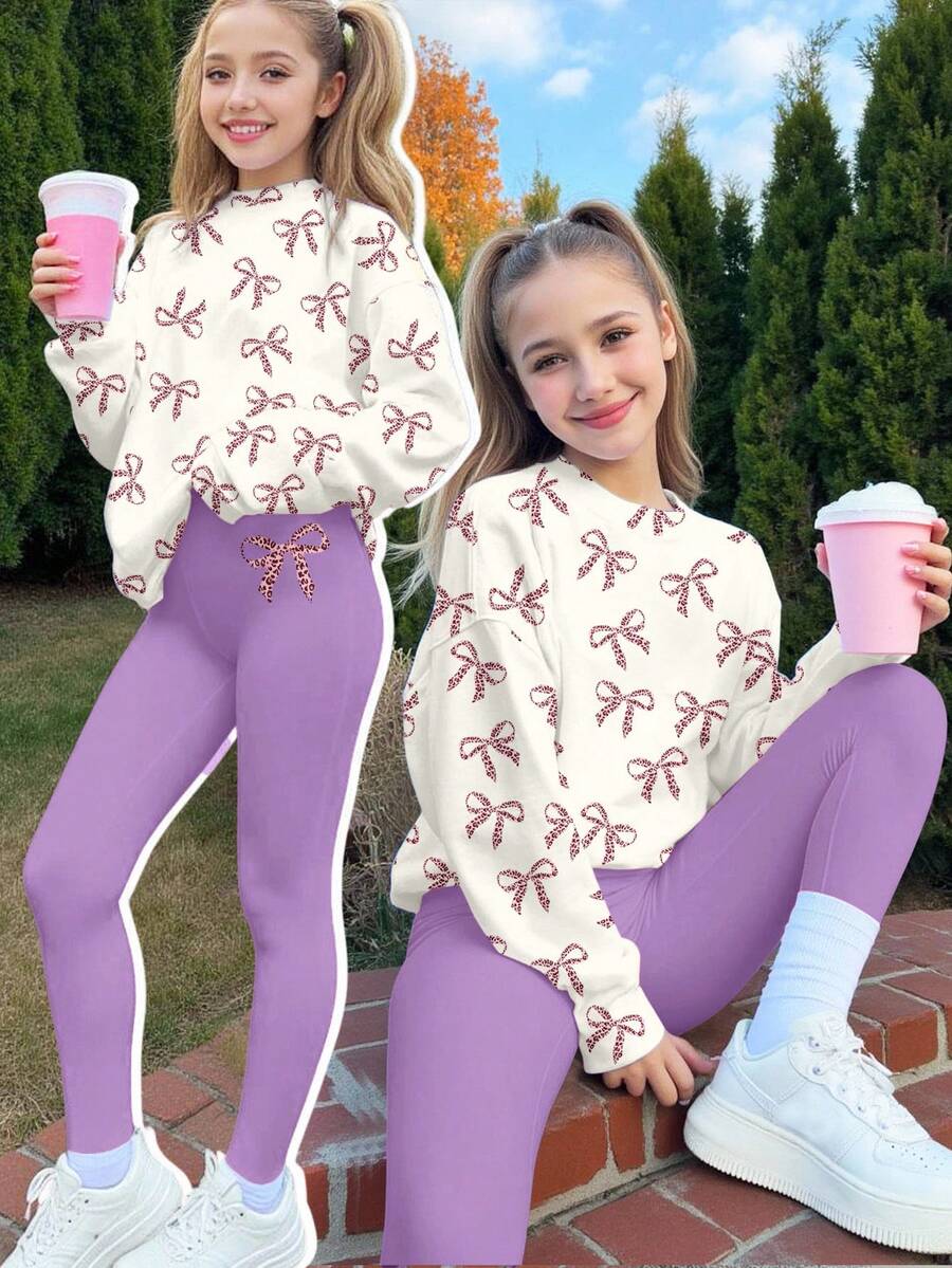 SHEIN Leap Crew 两件套奶油白和奶油紫复古豹纹蝴蝶结印花少女休闲圆领舒适长袖卫衣和打底裤套装,适合秋冬季节,轻松舒适,适合儿童秋季叠穿,时尚童装,休闲服饰,儿童印花服装,返校季,秋季服装,返校节,适合户外野餐、街头摄影、居家、校园等场合,休闲舒适。 - 彩色 - 查看 1