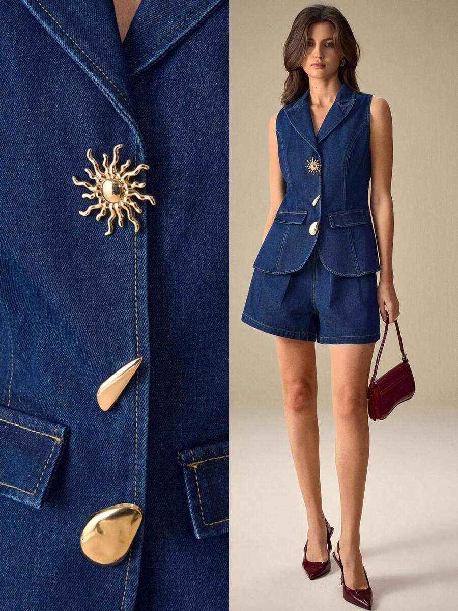 Selenza Bộ áo vest và quần short denim đi làm thường ngày dành cho nữ - Màu xanh lam - Xem 1