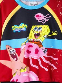 SpongeBob SquarePants | SHEIN Young Boy Colorblock Cartoon Race Car Graphic Raglan Sleeve Crew Neck Sweatshirt, Autumn/Winter