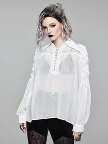 ROMWE EDITION 女式复古哥特式系带透明泡泡袖长袖衬衫 - 白色 - 查看 3