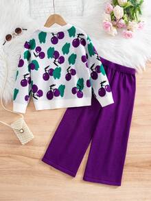 SHEIN Young Girl Jacquard Knit Sweater Leggings 2-Piece Set, Purple Autumn Fairy Cherry Outfit, Vintage Princess Ribbed Winter, Mommy And Me Rainbow - Violet Purple - View 2