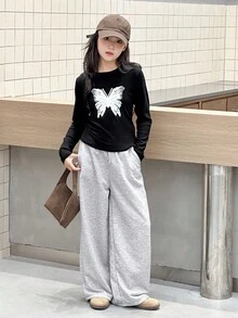 DAZY 2 件套青少年女孩圆领针织蝴蝶结印花 T 恤 + 裤子套装，秋季 - 黑色 - 查看 2