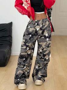 Coolane Pantalones anchos con gráficos de camuflaje para mujer, ideales para conciertos, festivales, salidas, fiestas, regreso a la escuela y talla grande - Verde militar - Ver 5