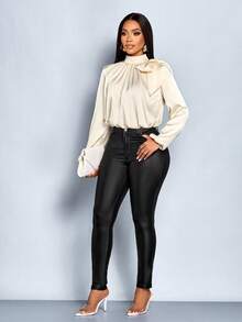 SOLERSUN Damen Mode Temperament elegante Satin einfarbige hochwertige Schleife Tasche Saum Laternenhülse Bluse - Champagnerfarben - Übersicht 4