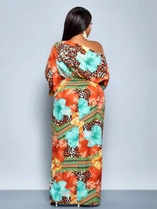 SOLERSUN 大码女式秋冬时尚优雅长袖斜肩露肩前高叉腰长裙，多色花朵豹纹印花，适合度假、工作、婚礼、节日、夏季（图案随机） - 橘色 - 查看 2